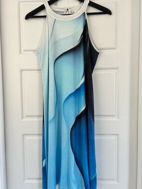 Sleeveless Blue Gradient Halter Jersey Dress